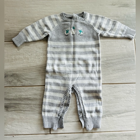 Janie and Jack Other - Janie and Jack Gray & White Striped Knit Footie with Sheep Embroidery